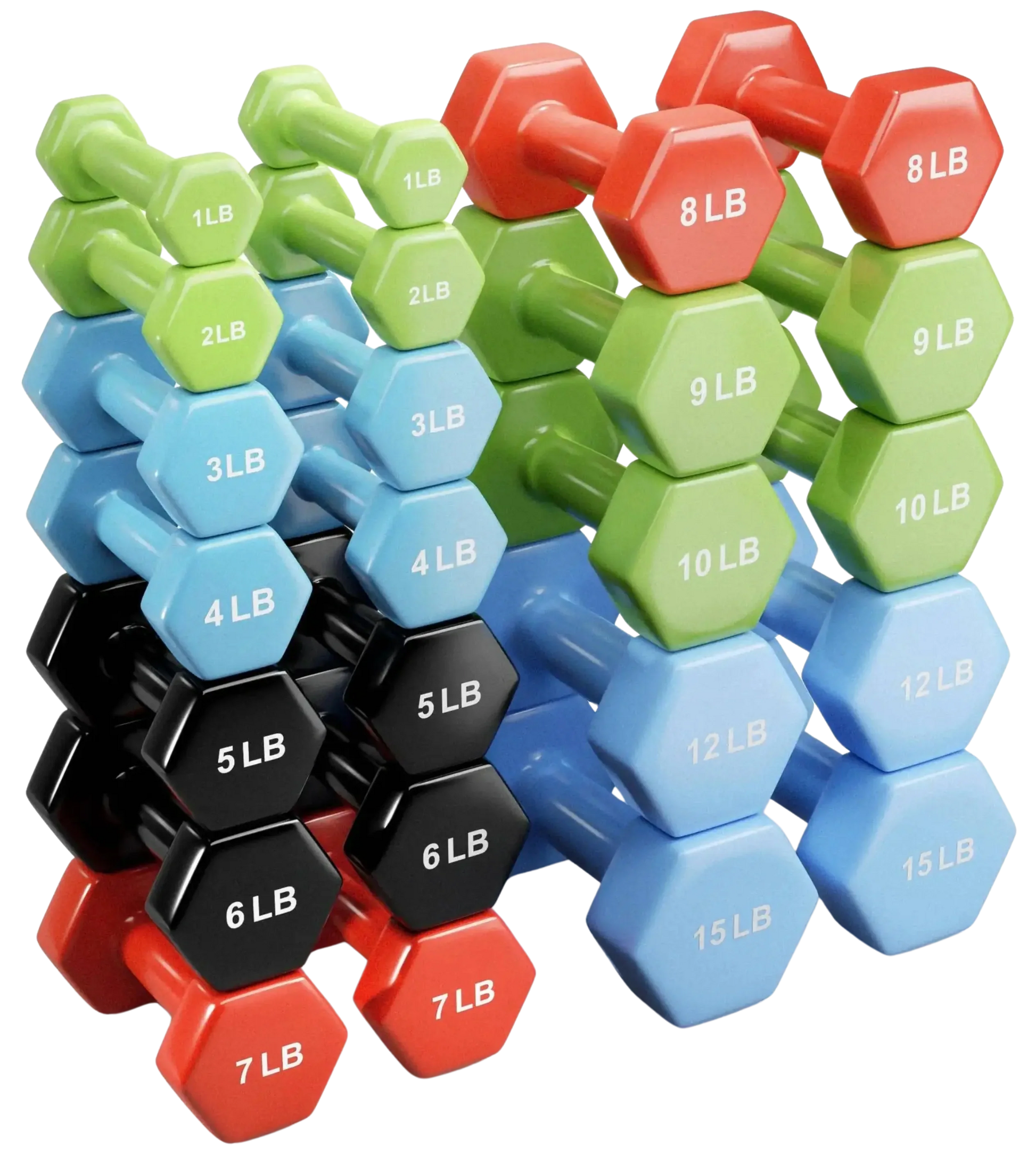 French Fitness Colorful Hex Vinyl Dumbbell Set of 1 to 15 lbs (New) Image
