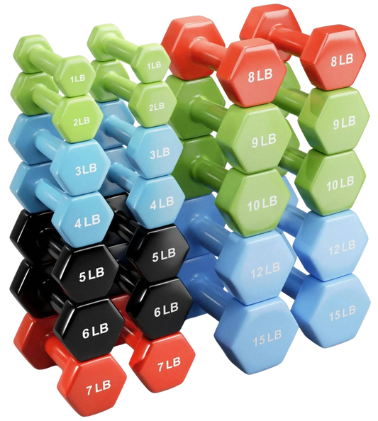 French Fitness Colorful Hex Vinyl Dumbbell Set of 1 to 15 lbs (New) Image